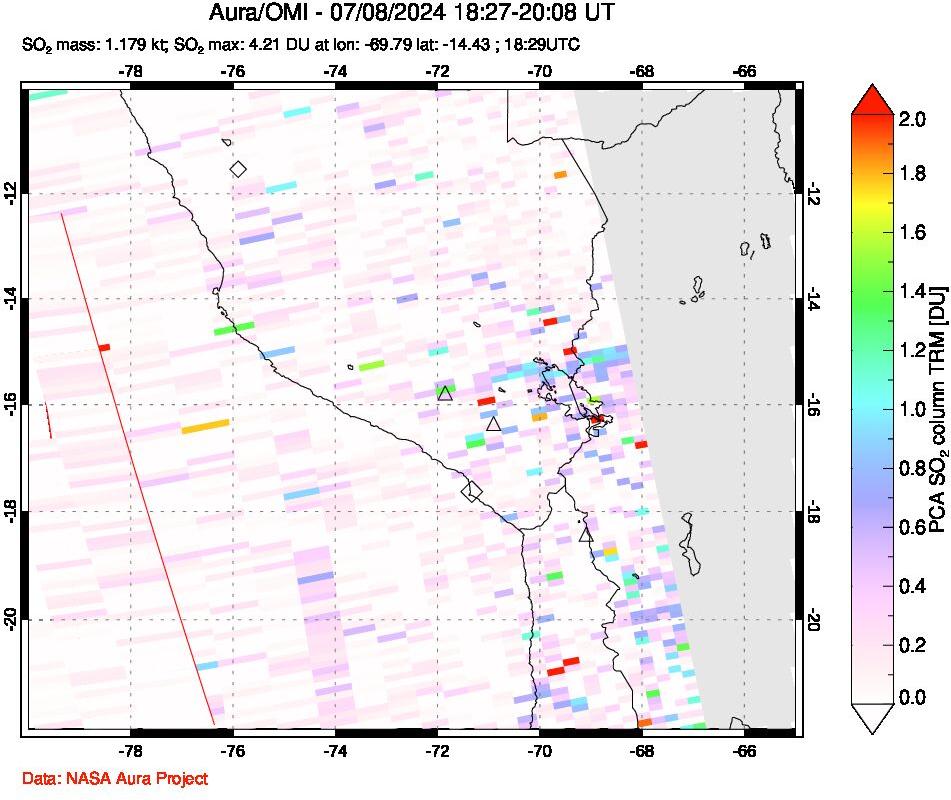 A sulfur dioxide image over Peru on Jul 08, 2024.