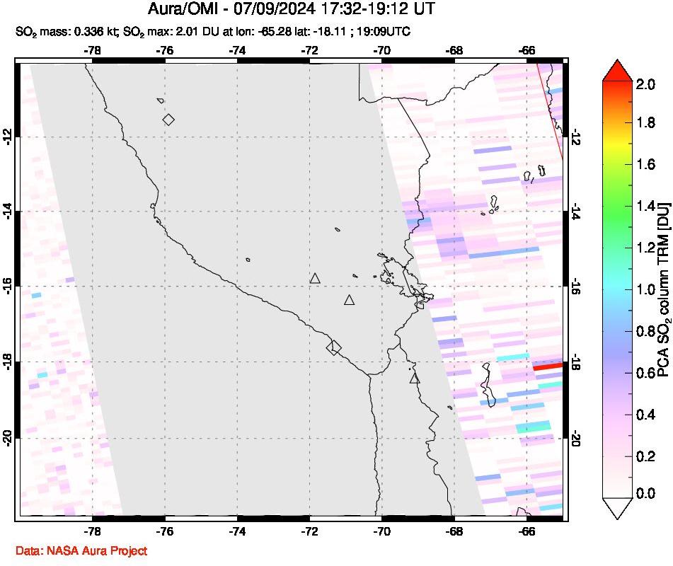 A sulfur dioxide image over Peru on Jul 09, 2024.