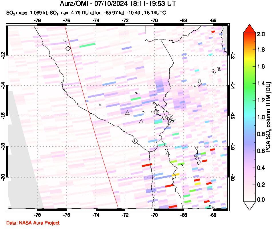 A sulfur dioxide image over Peru on Jul 10, 2024.