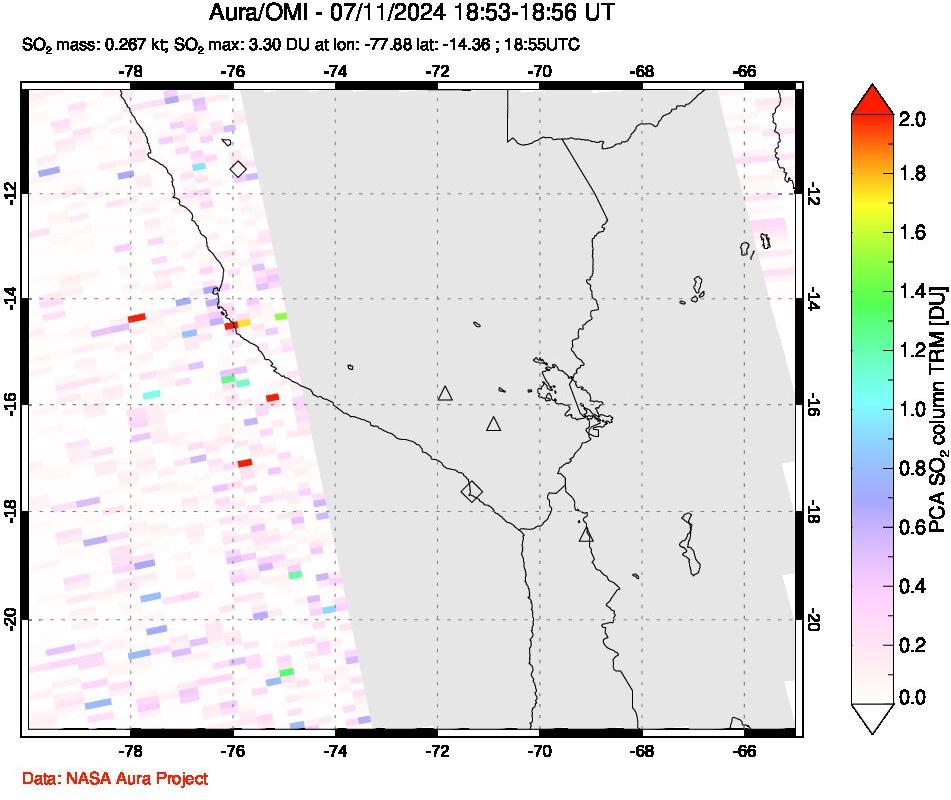 A sulfur dioxide image over Peru on Jul 11, 2024.