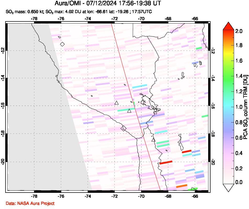 A sulfur dioxide image over Peru on Jul 12, 2024.