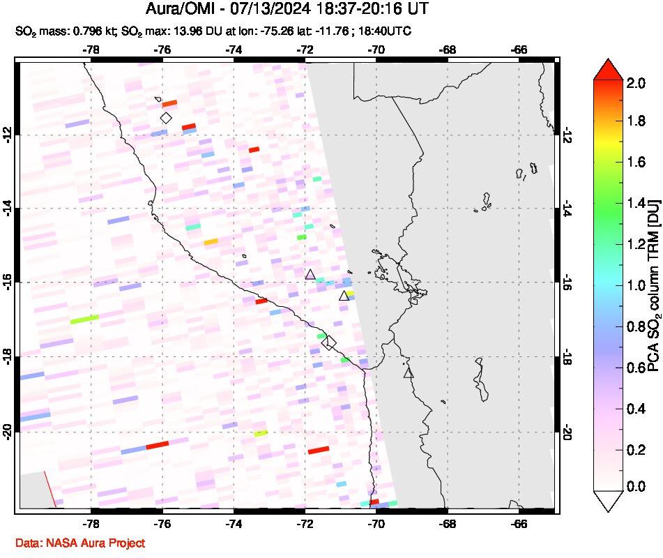 A sulfur dioxide image over Peru on Jul 13, 2024.