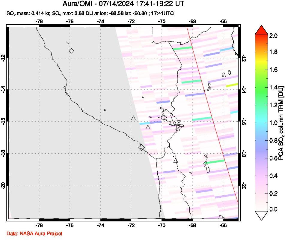 A sulfur dioxide image over Peru on Jul 14, 2024.