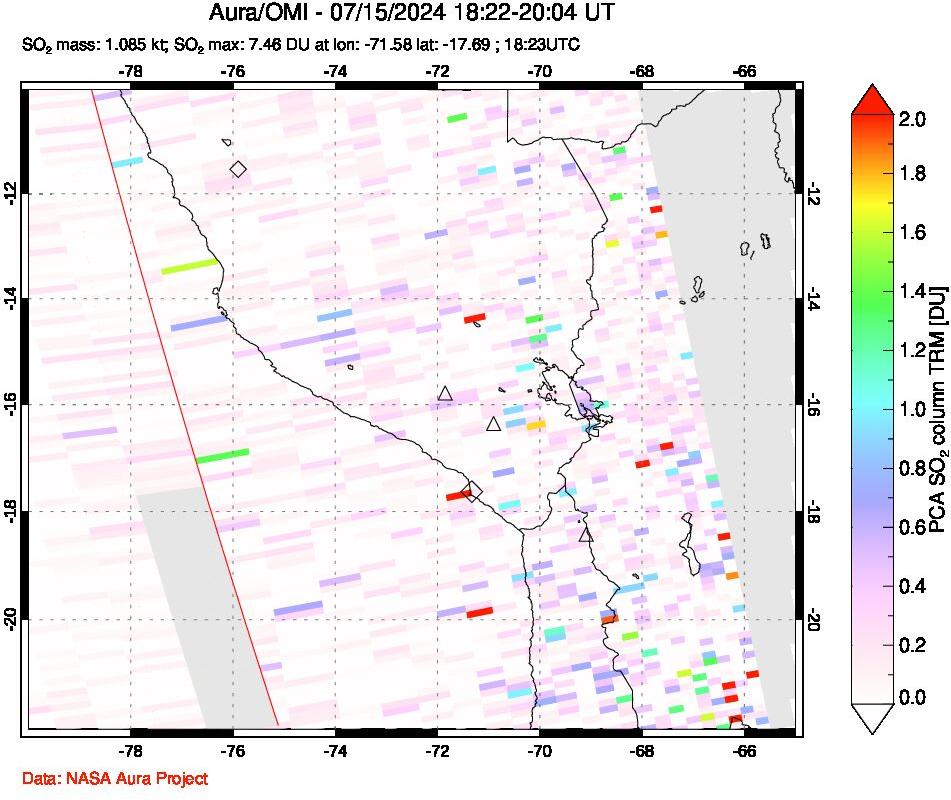 A sulfur dioxide image over Peru on Jul 15, 2024.