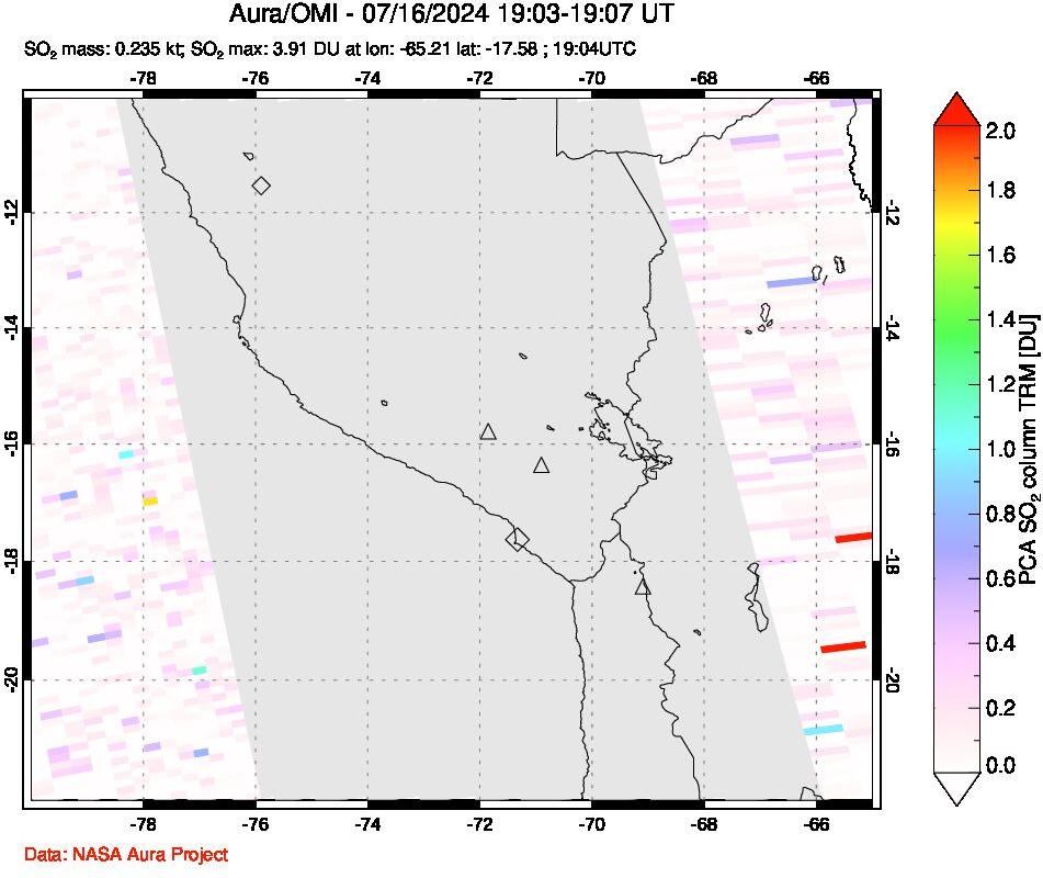 A sulfur dioxide image over Peru on Jul 16, 2024.