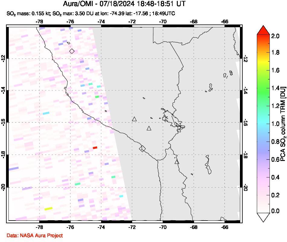 A sulfur dioxide image over Peru on Jul 18, 2024.