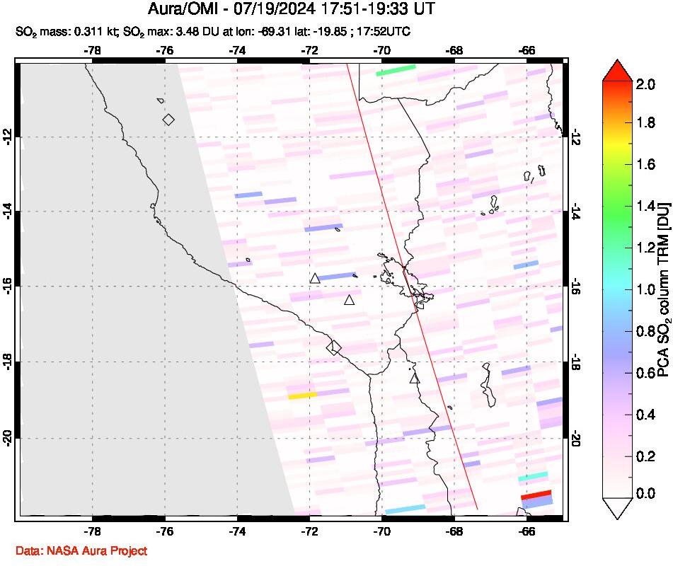 A sulfur dioxide image over Peru on Jul 19, 2024.