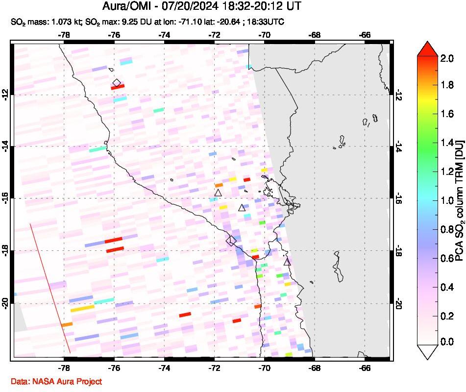 A sulfur dioxide image over Peru on Jul 20, 2024.