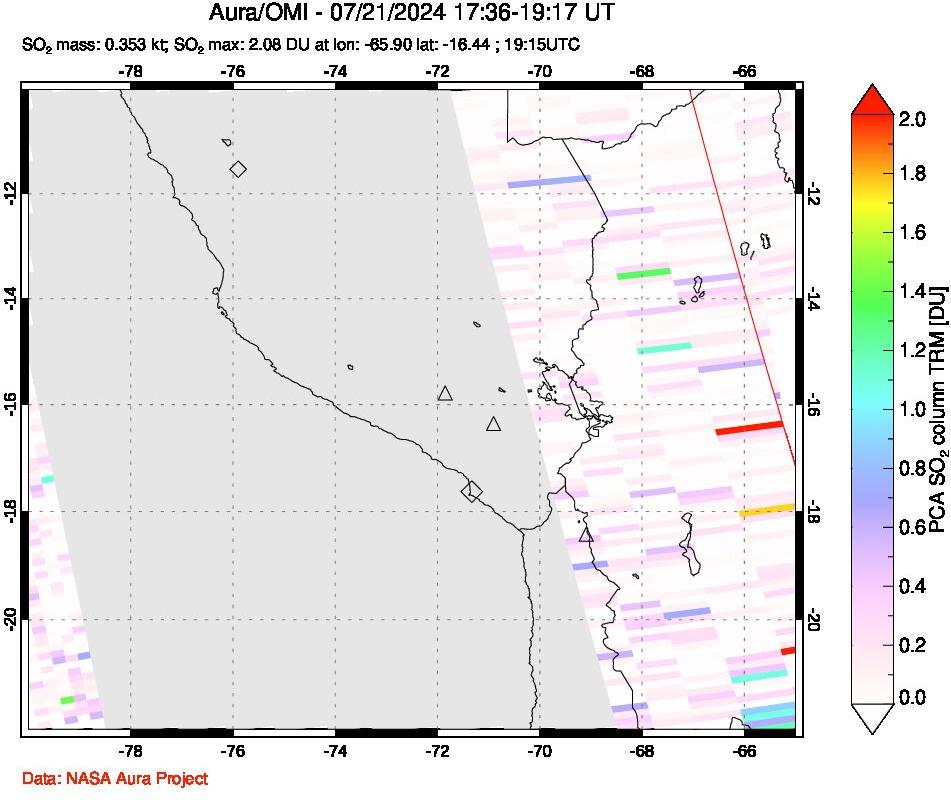 A sulfur dioxide image over Peru on Jul 21, 2024.