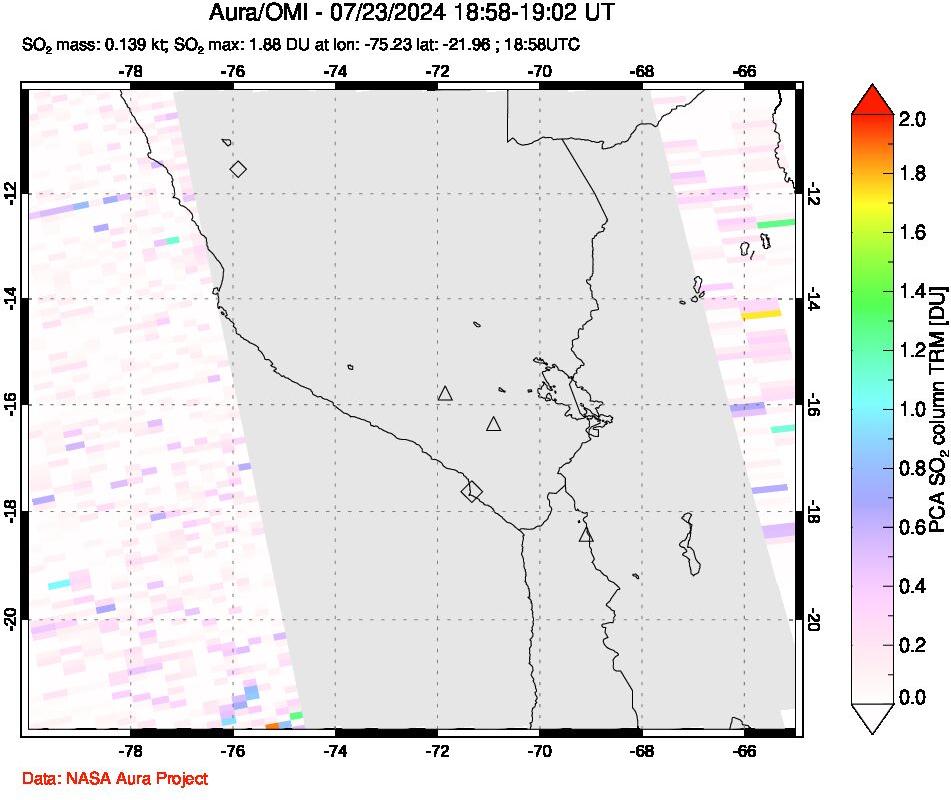 A sulfur dioxide image over Peru on Jul 23, 2024.