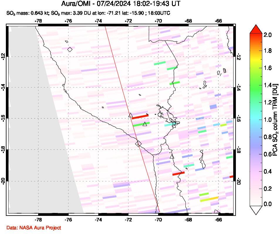 A sulfur dioxide image over Peru on Jul 24, 2024.