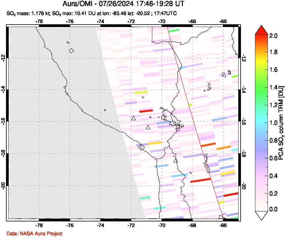 A sulfur dioxide image over Peru on Jul 26, 2024.