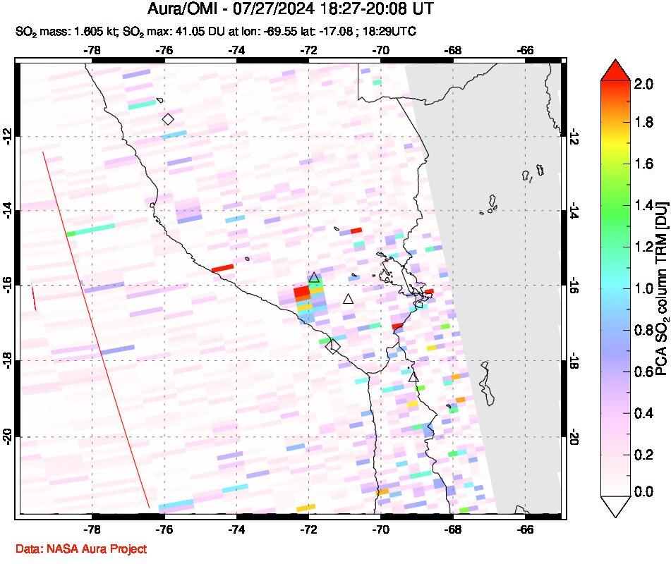 A sulfur dioxide image over Peru on Jul 27, 2024.