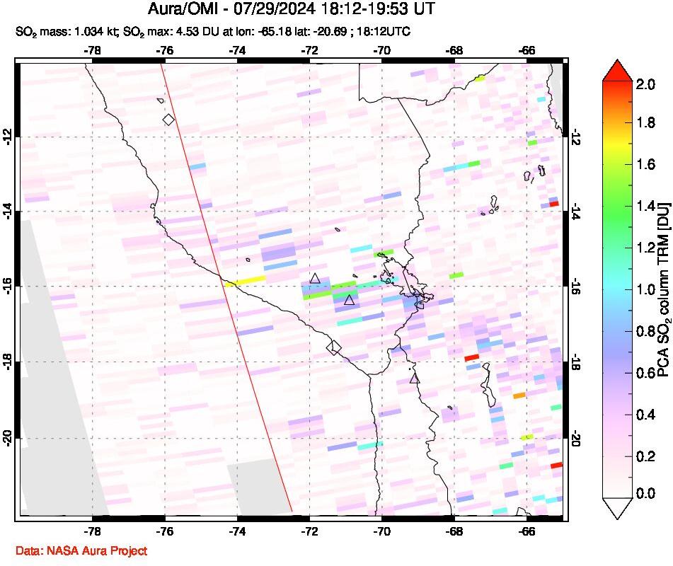 A sulfur dioxide image over Peru on Jul 29, 2024.