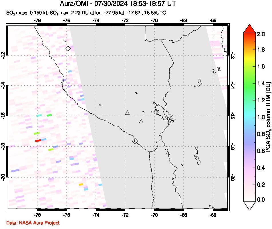 A sulfur dioxide image over Peru on Jul 30, 2024.