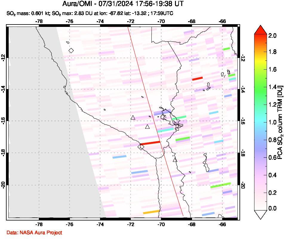 A sulfur dioxide image over Peru on Jul 31, 2024.