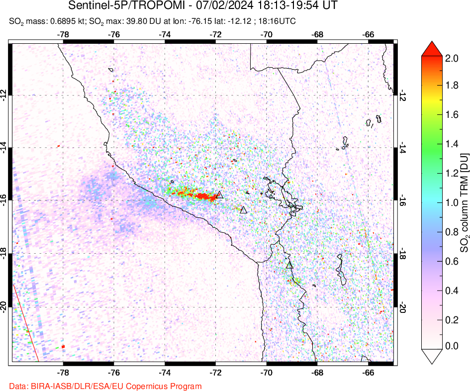 A sulfur dioxide image over Peru on Jul 02, 2024.