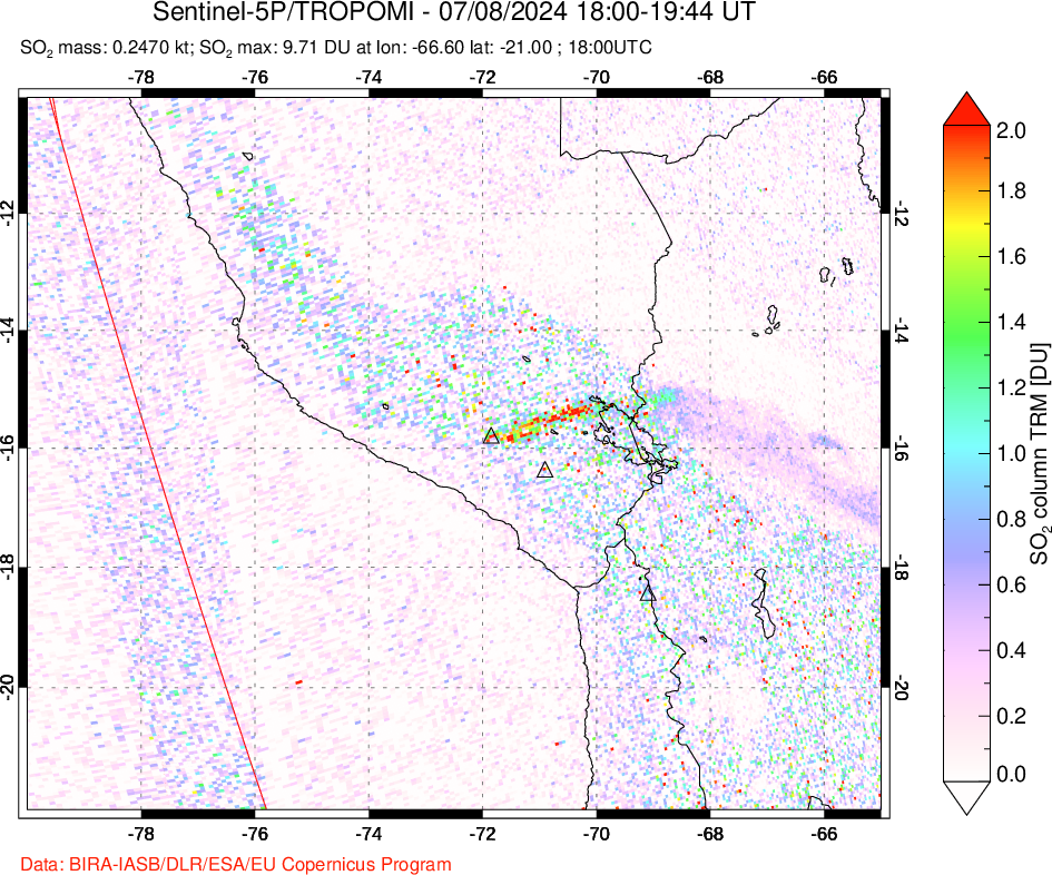 A sulfur dioxide image over Peru on Jul 08, 2024.