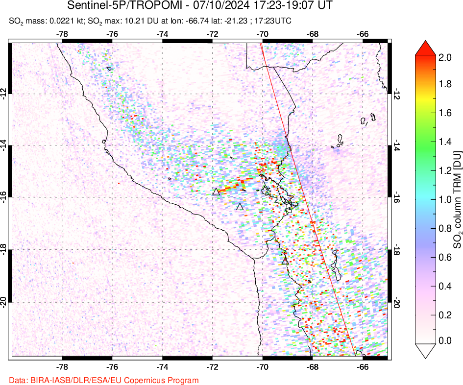 A sulfur dioxide image over Peru on Jul 10, 2024.