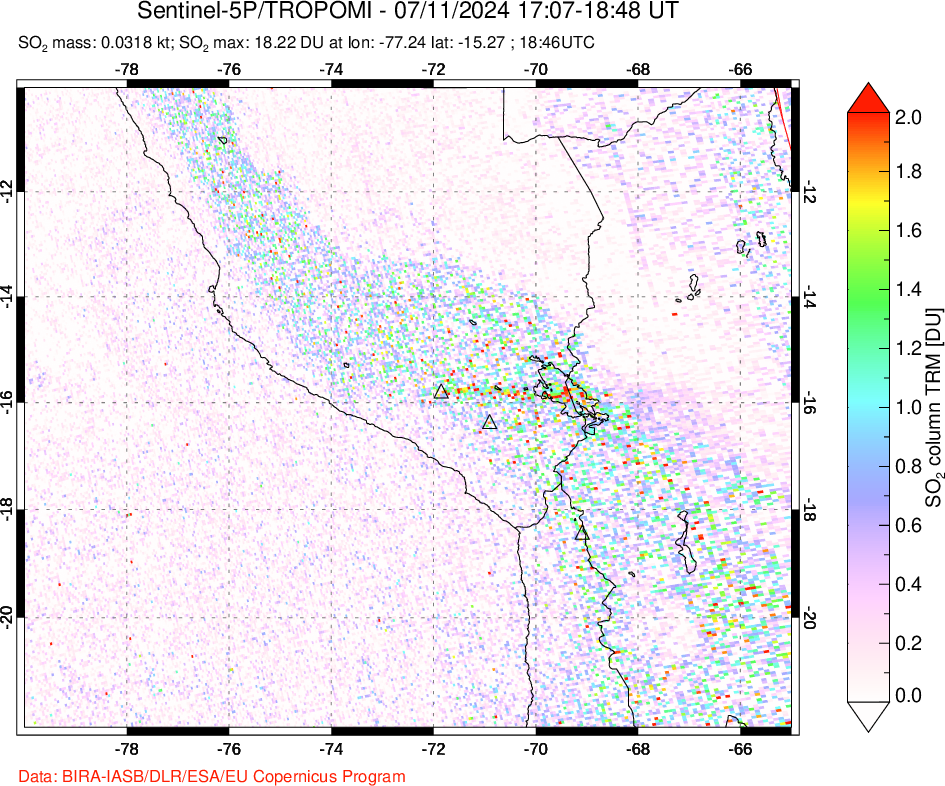 A sulfur dioxide image over Peru on Jul 11, 2024.