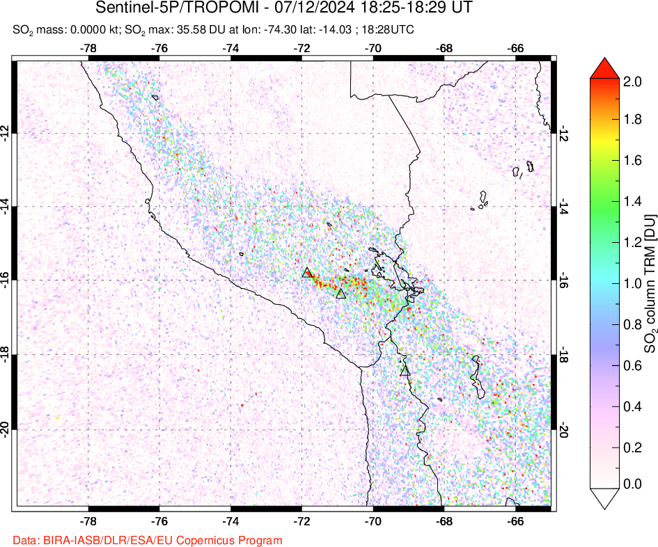 A sulfur dioxide image over Peru on Jul 12, 2024.