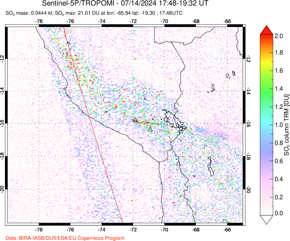 A sulfur dioxide image over Peru on Jul 14, 2024.