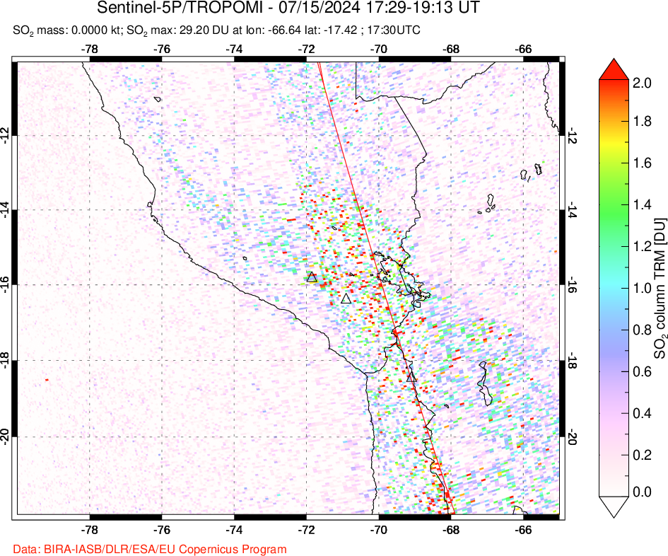 A sulfur dioxide image over Peru on Jul 15, 2024.