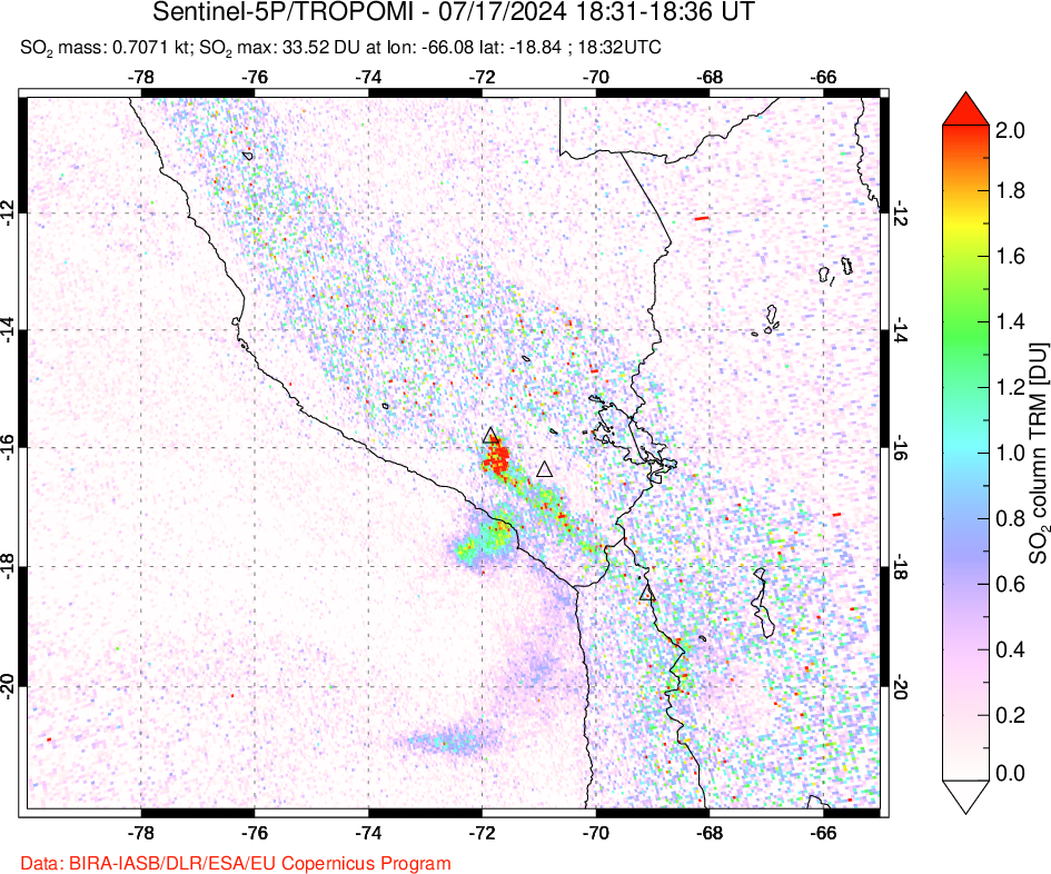 A sulfur dioxide image over Peru on Jul 17, 2024.