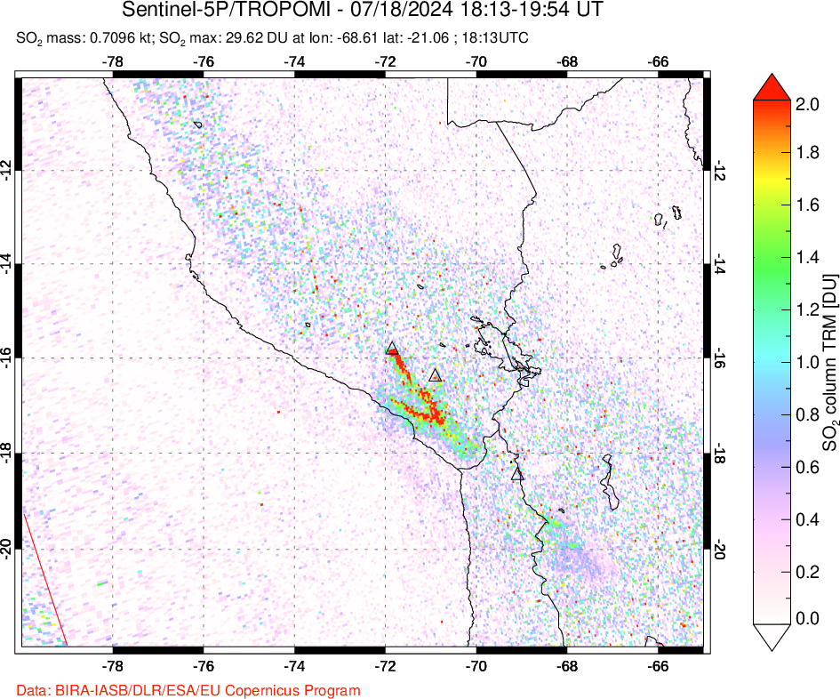 A sulfur dioxide image over Peru on Jul 18, 2024.