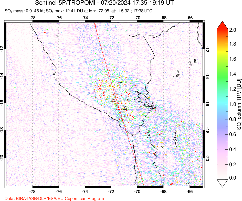 A sulfur dioxide image over Peru on Jul 20, 2024.