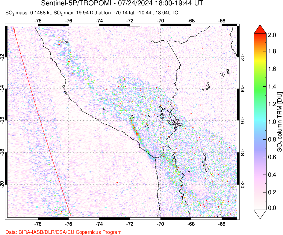 A sulfur dioxide image over Peru on Jul 24, 2024.