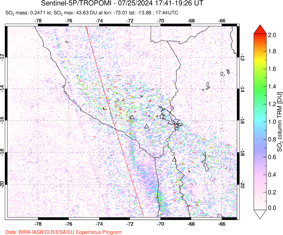 A sulfur dioxide image over Peru on Jul 25, 2024.