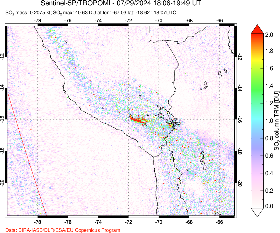 A sulfur dioxide image over Peru on Jul 29, 2024.