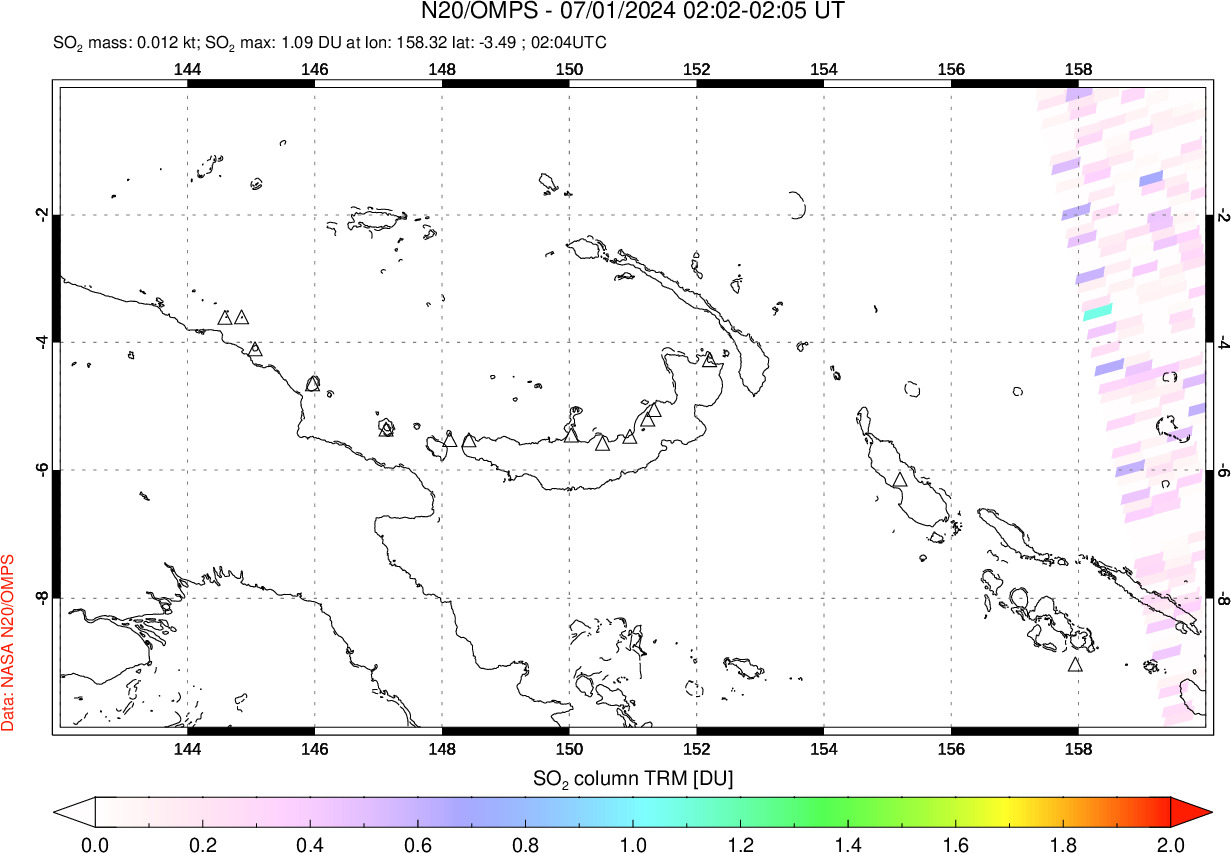 A sulfur dioxide image over Papua, New Guinea on Jul 01, 2024.