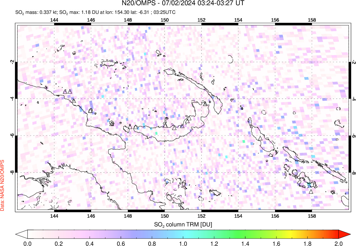 A sulfur dioxide image over Papua, New Guinea on Jul 02, 2024.