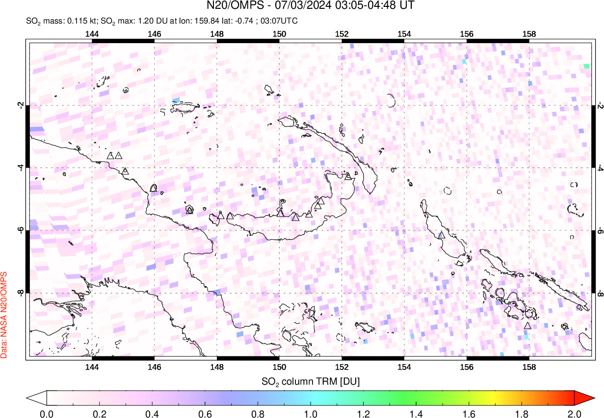 A sulfur dioxide image over Papua, New Guinea on Jul 03, 2024.