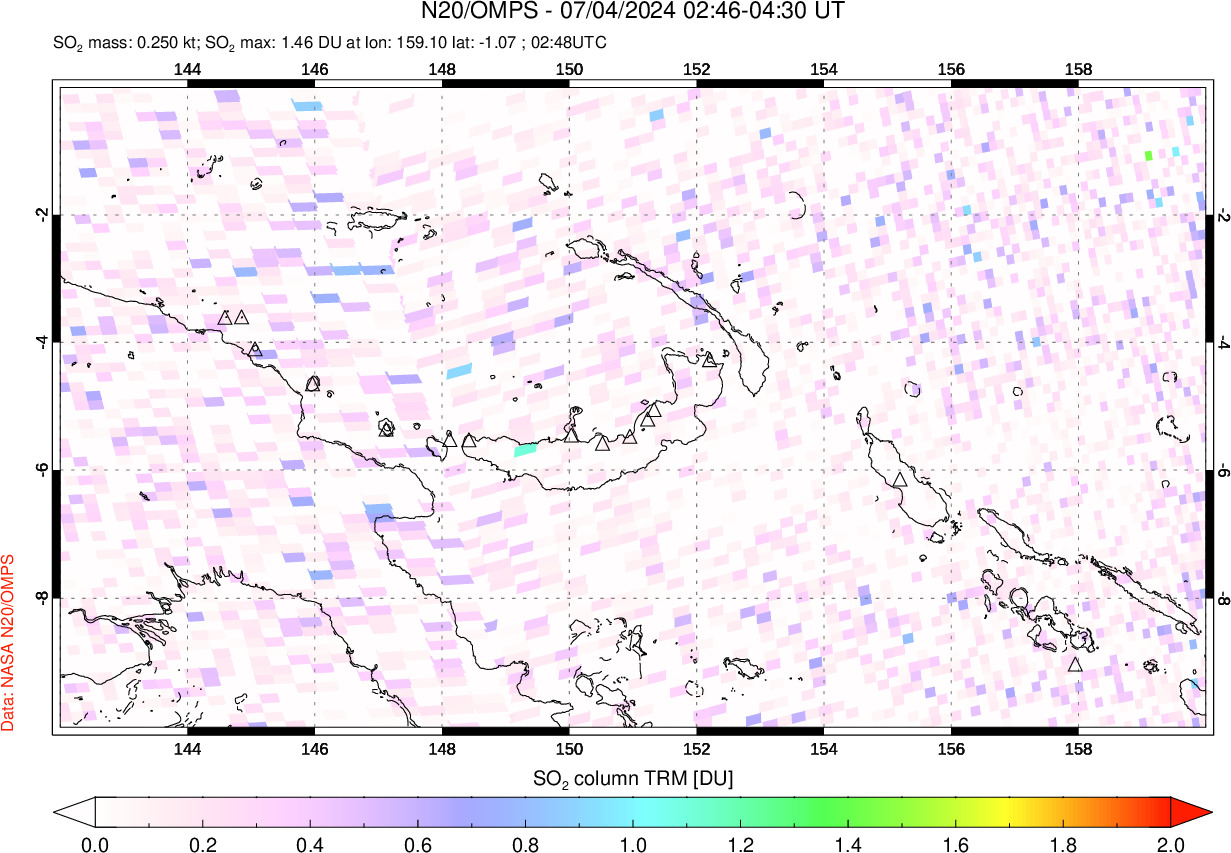 A sulfur dioxide image over Papua, New Guinea on Jul 04, 2024.