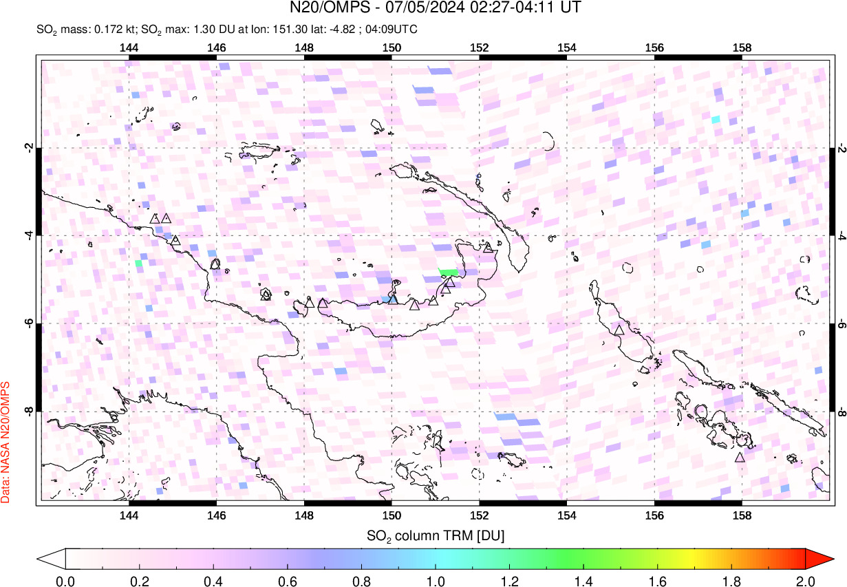 A sulfur dioxide image over Papua, New Guinea on Jul 05, 2024.