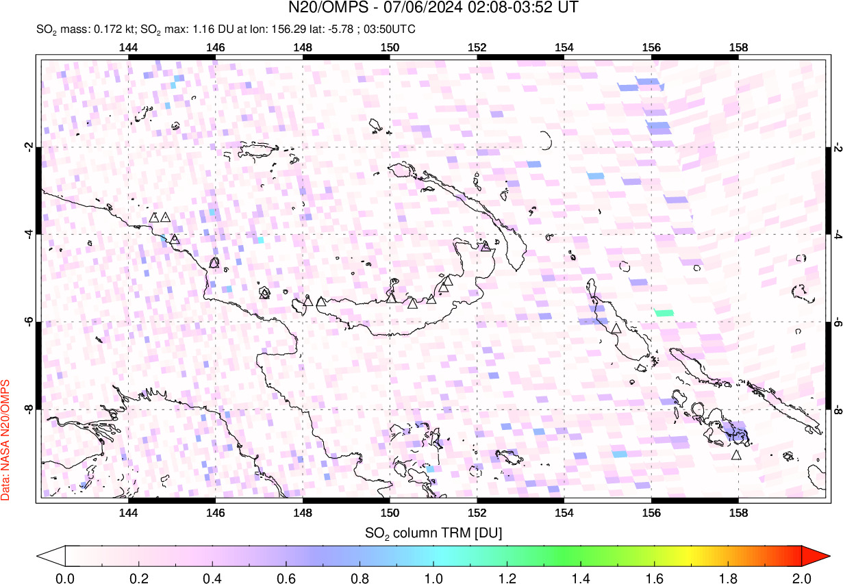 A sulfur dioxide image over Papua, New Guinea on Jul 06, 2024.