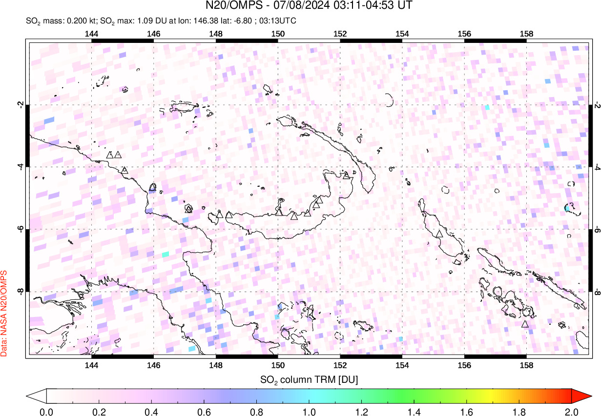 A sulfur dioxide image over Papua, New Guinea on Jul 08, 2024.