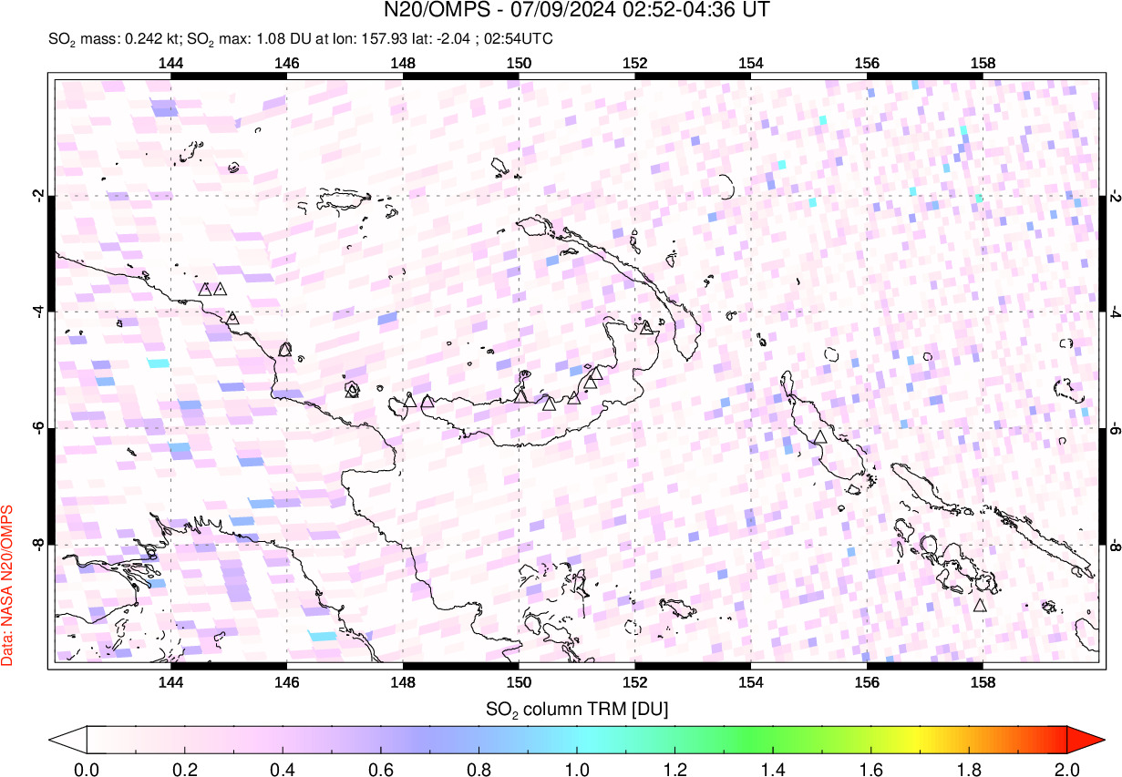 A sulfur dioxide image over Papua, New Guinea on Jul 09, 2024.