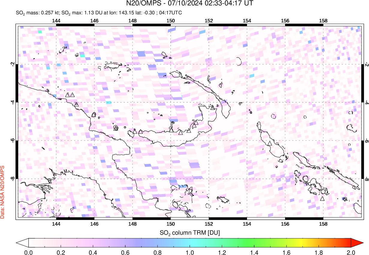 A sulfur dioxide image over Papua, New Guinea on Jul 10, 2024.