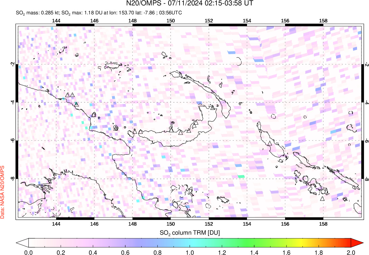 A sulfur dioxide image over Papua, New Guinea on Jul 11, 2024.