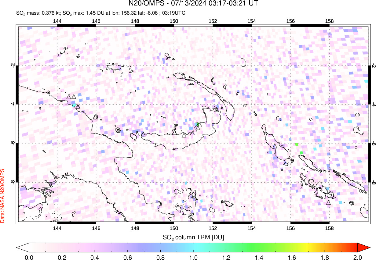 A sulfur dioxide image over Papua, New Guinea on Jul 13, 2024.