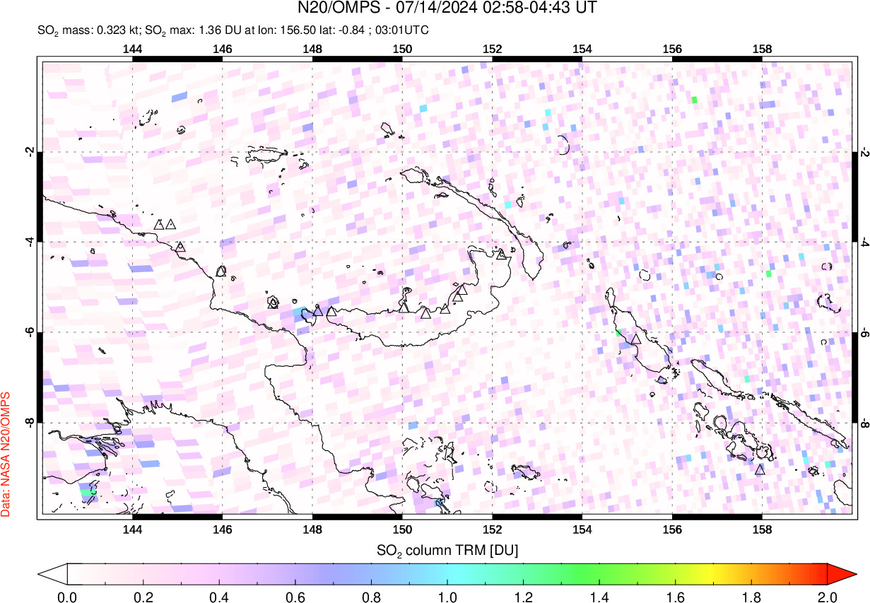 A sulfur dioxide image over Papua, New Guinea on Jul 14, 2024.