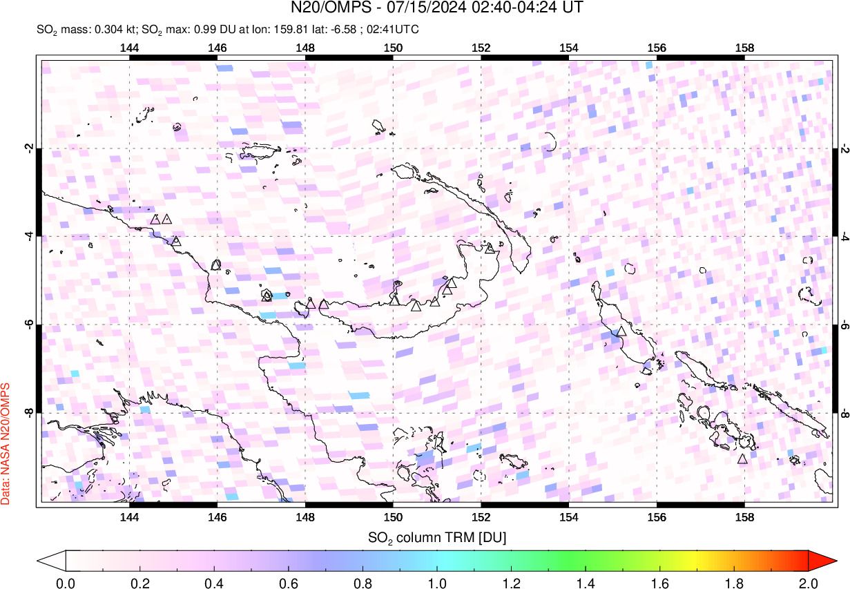 A sulfur dioxide image over Papua, New Guinea on Jul 15, 2024.