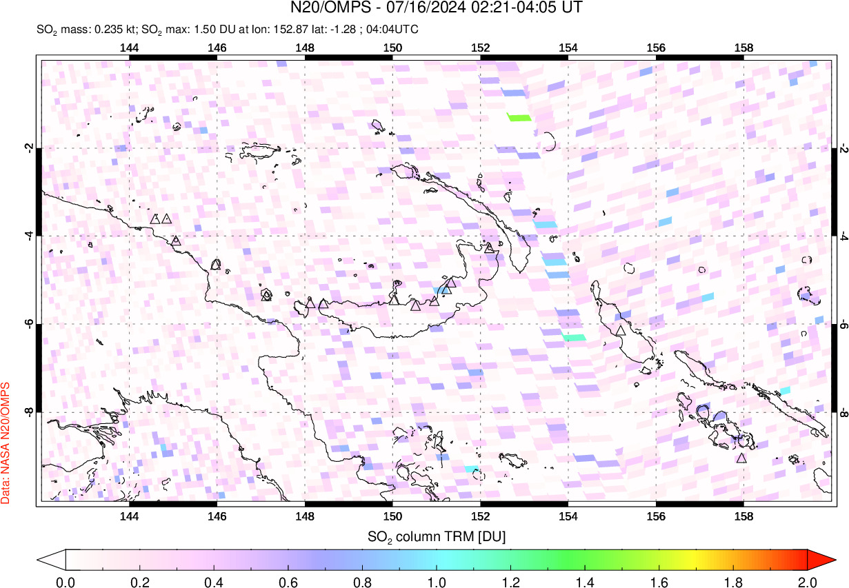 A sulfur dioxide image over Papua, New Guinea on Jul 16, 2024.