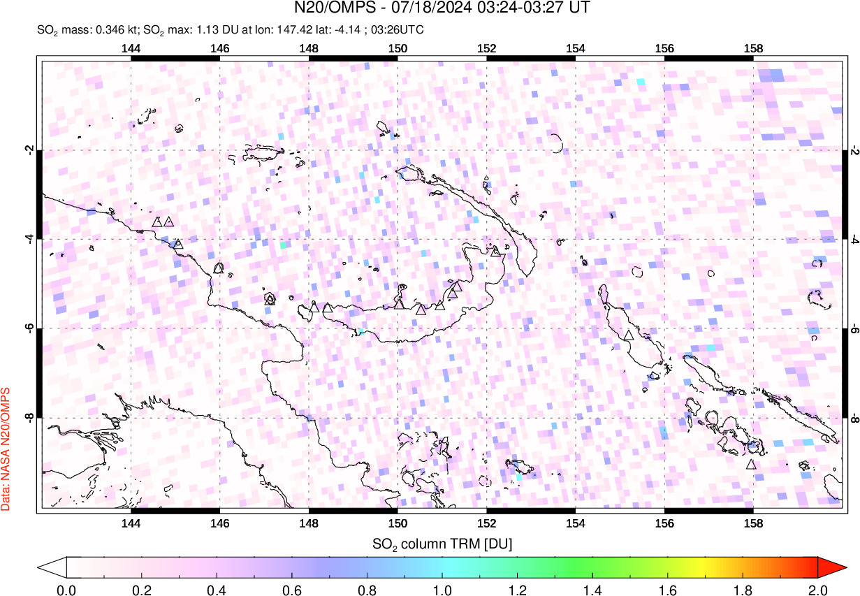 A sulfur dioxide image over Papua, New Guinea on Jul 18, 2024.