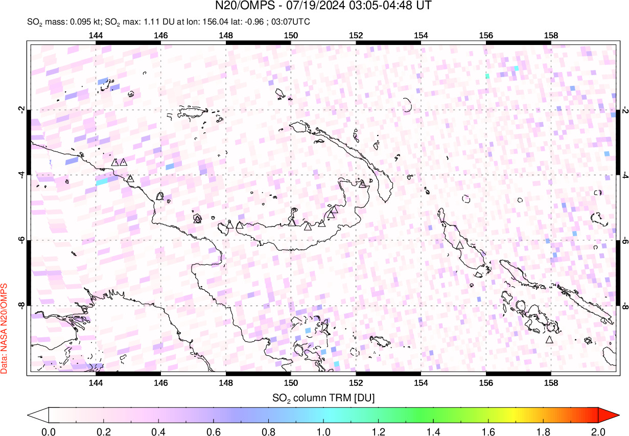 A sulfur dioxide image over Papua, New Guinea on Jul 19, 2024.