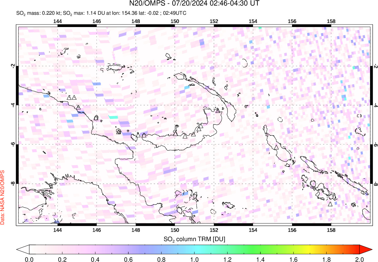 A sulfur dioxide image over Papua, New Guinea on Jul 20, 2024.